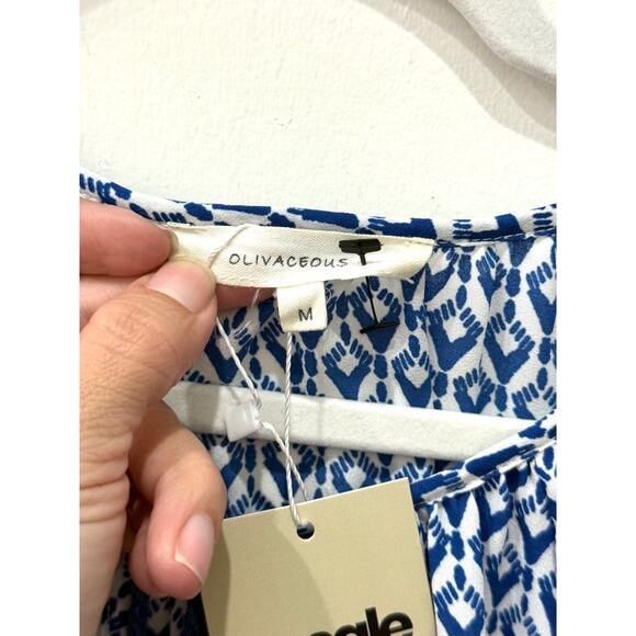 Olivaceous Geometric Print Tasseled Neck Blouse Boho Blue Women's Size Medium - Picture 2 of 3